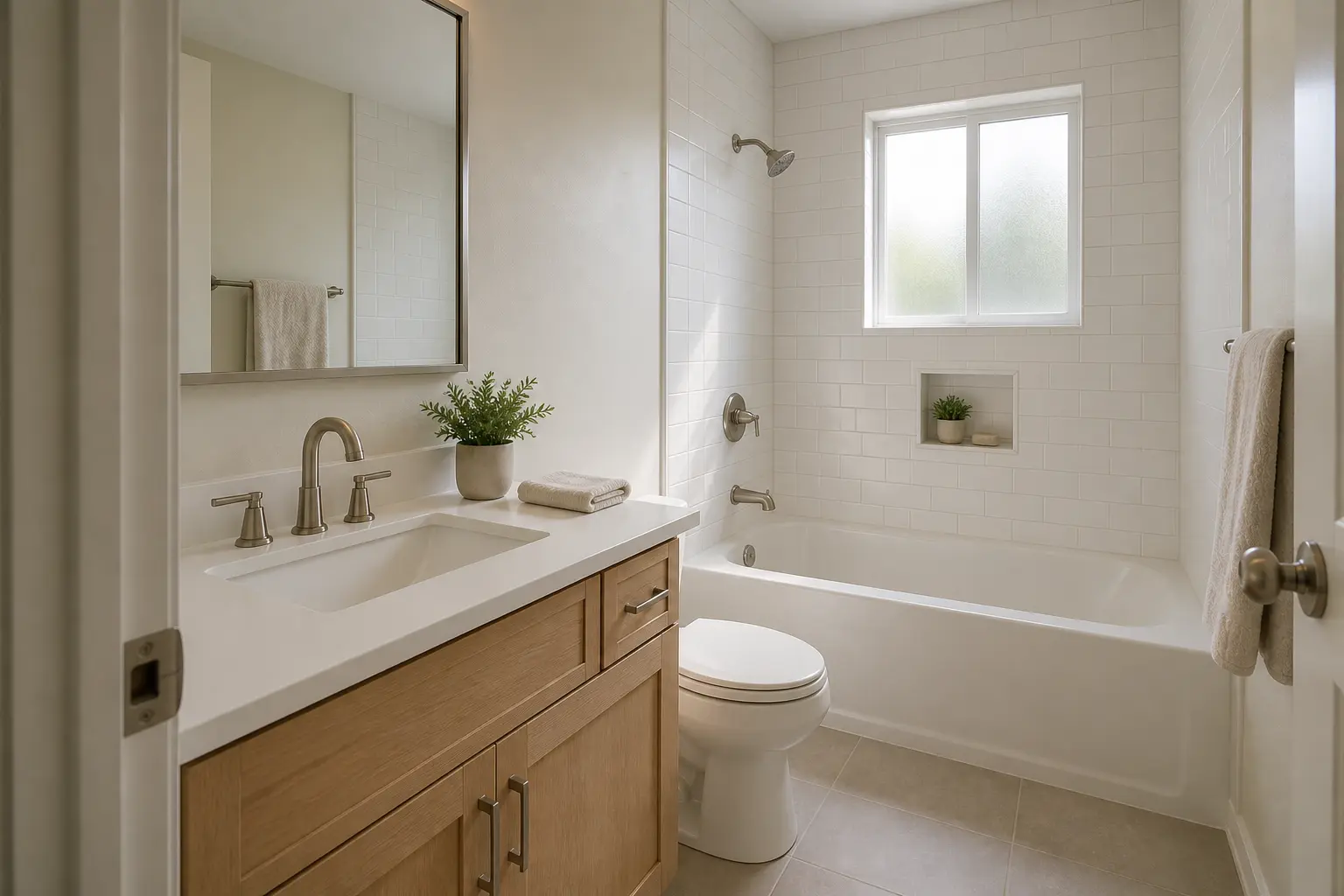 Clean, attainable bathroom remodel with an oak vanity, white tile, and a tub-shower combination