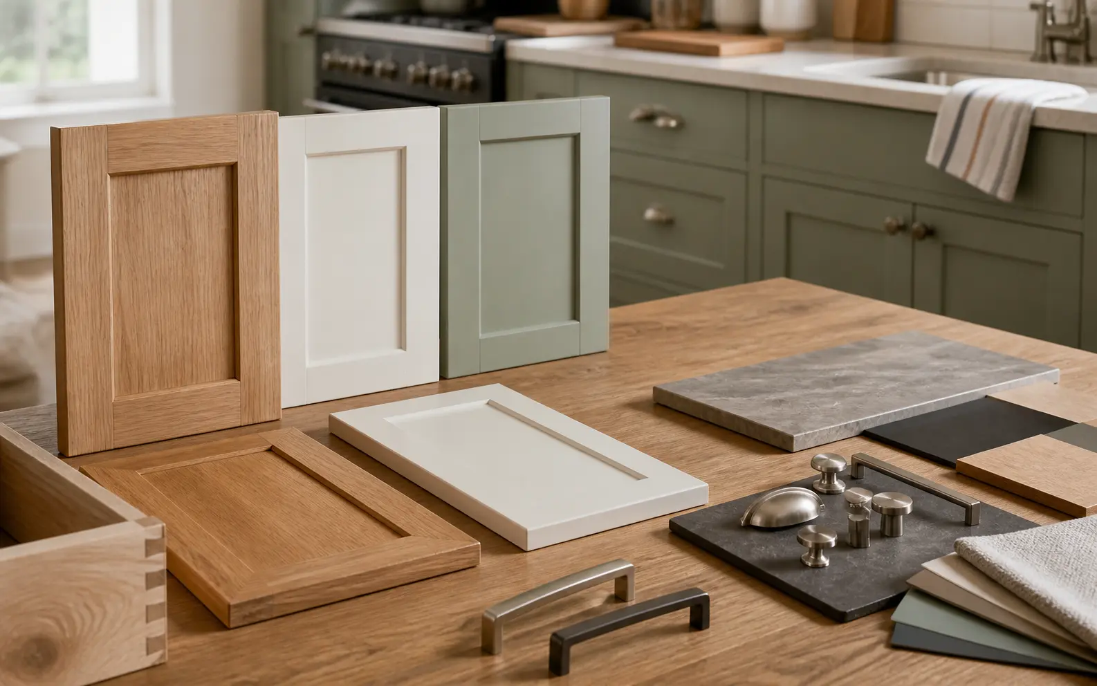 Oak, white, and sage cabinet door samples with drawer construction and hardware options