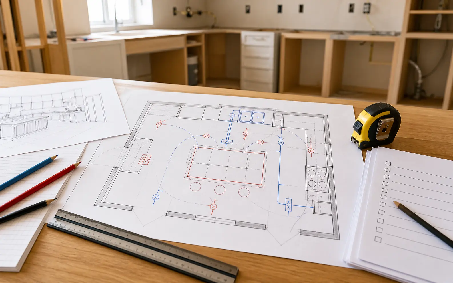 Kitchen plan with plumbing and electrical coordination drawn beside an active remodel