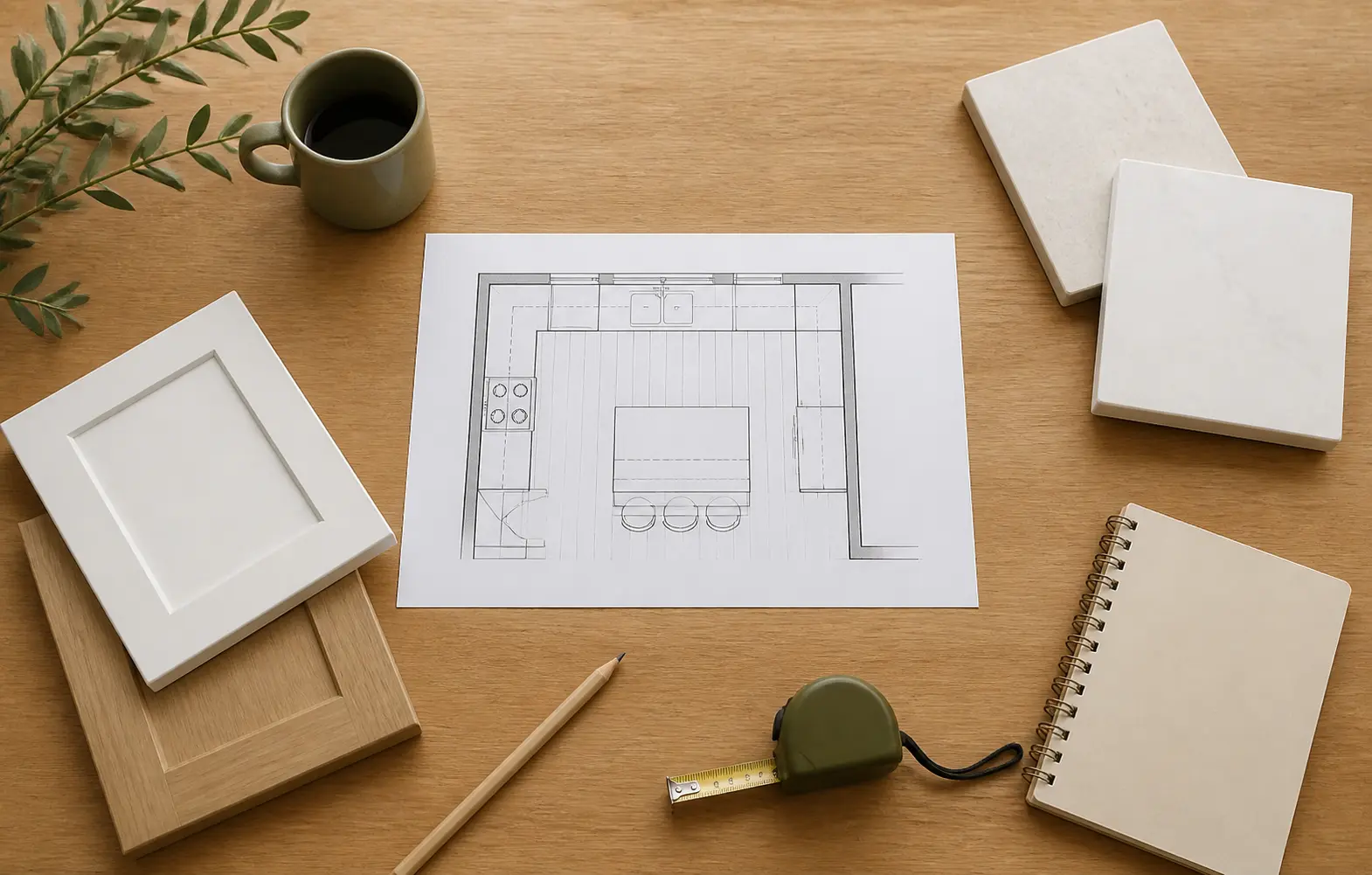 Kitchen floor plan, cabinet samples, stone samples, and measuring tools arranged for remodel planning