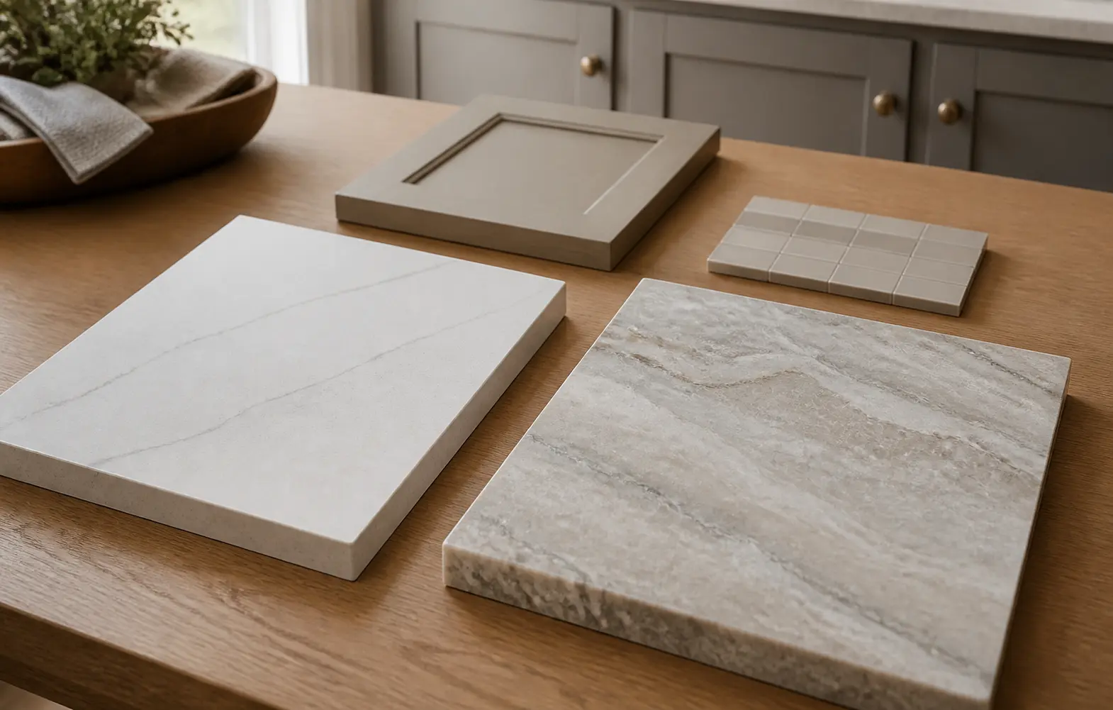 Engineered quartz and natural quartzite countertop samples shown side by side