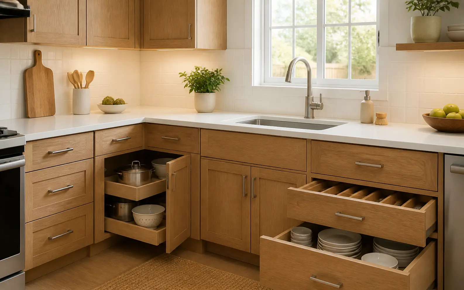Attainable kitchen with practical drawers, corner storage, quartz counters, and task lighting