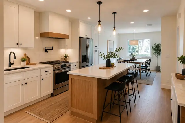 Complete kitchen remodel with warm wood cabinetry, an island, and coordinated lighting
