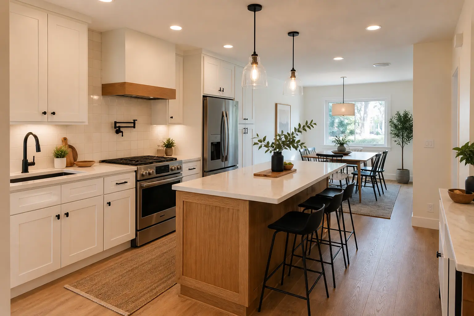 Completed Los Angeles kitchen remodel with warm cabinetry, a practical island, and coordinated lighting Completed Los Angeles kitchen remodel with warm cabinetry, a practical island, and coordinated lighting