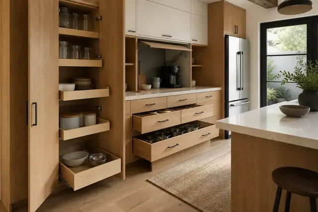 Organized kitchen cabinet wall with pantry pull-outs and deep drawers