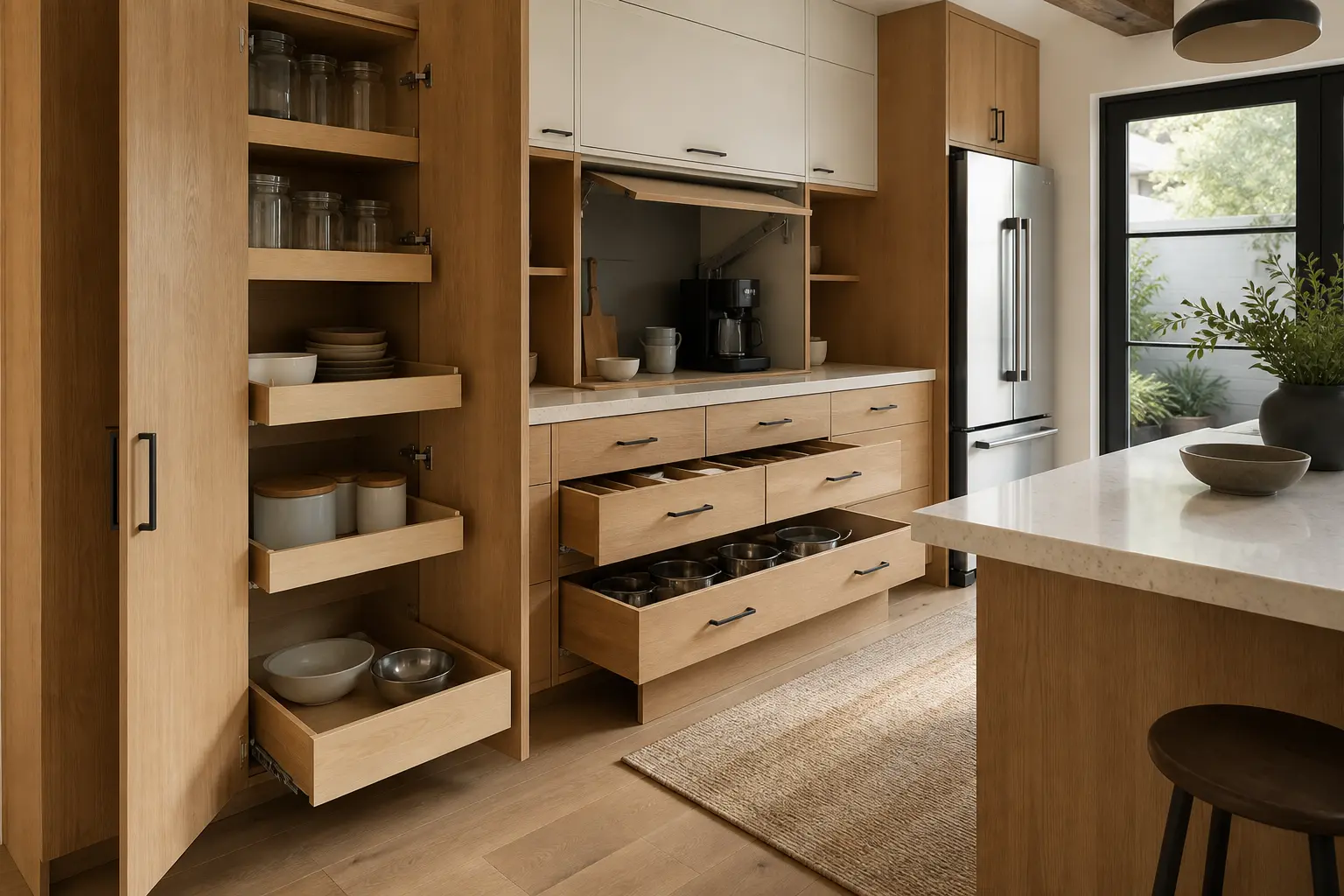 Organized kitchen cabinet wall with pull-out pantry shelves and deep storage drawers Organized kitchen cabinet wall with pull-out pantry shelves and deep storage drawers