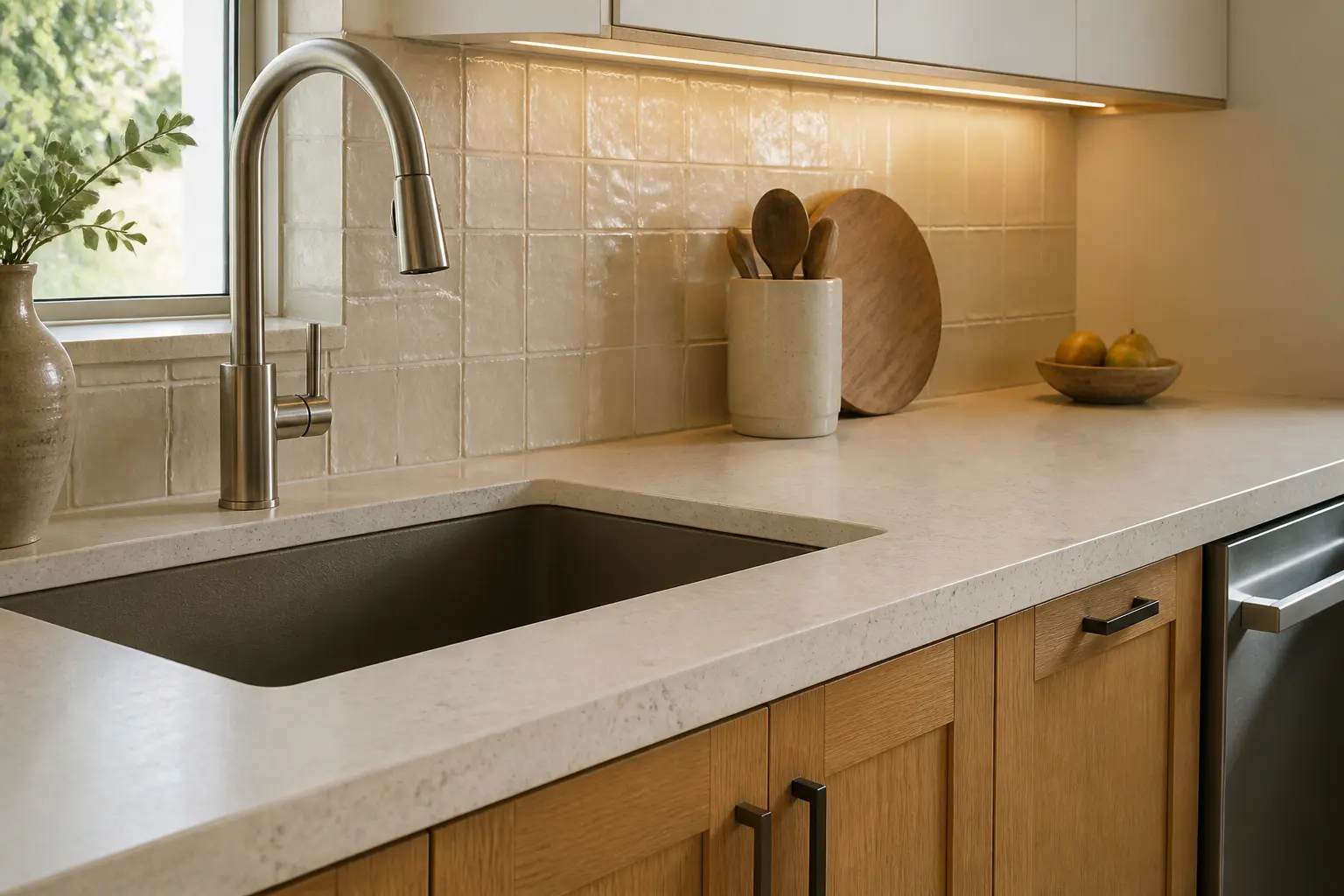 Quartz kitchen counter, ceramic backsplash, undermount sink, and warm oak cabinets Quartz kitchen counter, ceramic backsplash, undermount sink, and warm oak cabinets